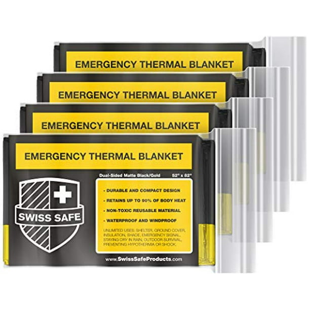 Survival Marathons or First Aid + Bonus Signature Gold Foil Space Blanket: Designed for NASA 4-Pack Hiking Outdoors Swiss Safe Emergency Mylar Thermal Blankets Survival Marathons or First Aid + Bonus Signature Gold Foil Space Blanket: Designed for NASA 4-Pack Hiking Outdoors Swiss Safe Emergency Mylar Thermal Blankets